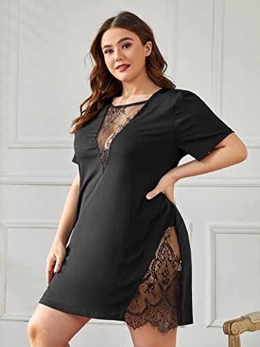 Wdirara Women's Plus Size Lace Trim Short Sleeve Round Neck Nightdress Sleepshirts Black 1Xl #TOP26