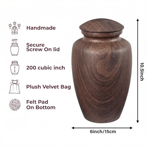 Image of Large Handcrafted Cremation Urn for Ashes Adult Male Female | Large Aluminum Wood Grain Urn for Ashes for Men Women,Memorial Decorative Urns for Man /Dad /Father /Brother /Grandpa