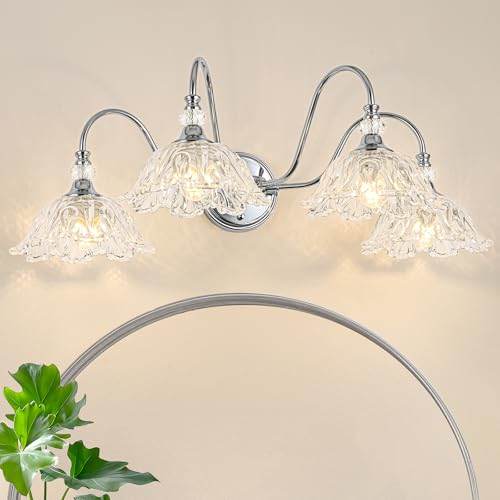 Image of Brushed Chrome 4-Light Bathroom Vanity Light with Floral Clear Glass Shades, Modern Wall Mount Lighting for Bathroom, Dressing Table