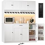FJTJBSI 72' Tall Pantry Storage Cabinet with LED Light 55' Wide Kitchen Pantry Cabinet with Charging Station and Adjustable Shelves Modern Kitchen Hutch with Wine Rack and Large Countertop White