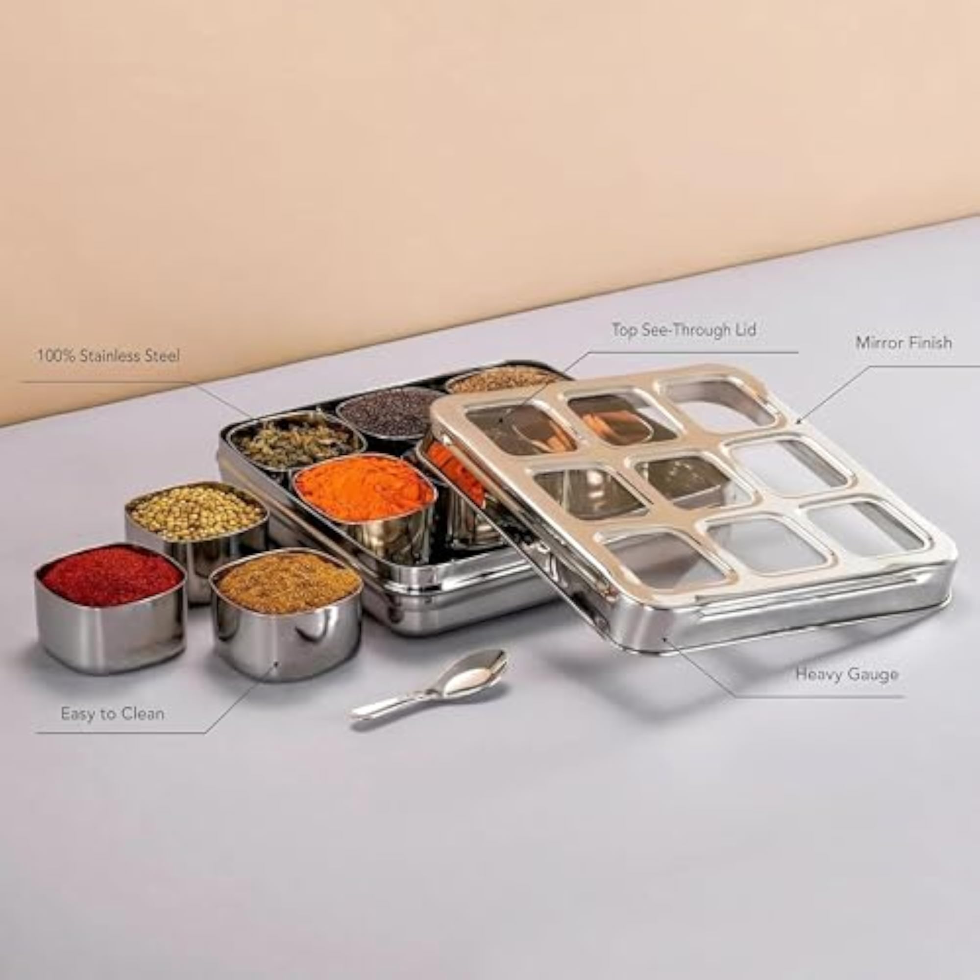 Stainless Steel 9 In 1 Square Masala Box with Removable Compartments