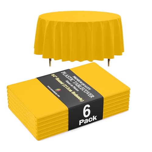 Image of Exquisite 66% Thicker Premium Yellow Round Tablecloth 0.5 Mil 6 Pack Plastic Table Cloth Disposable 84 Inch Round Plastic Tablecloth Won't Tear Easily Like Cheap Thin Brands