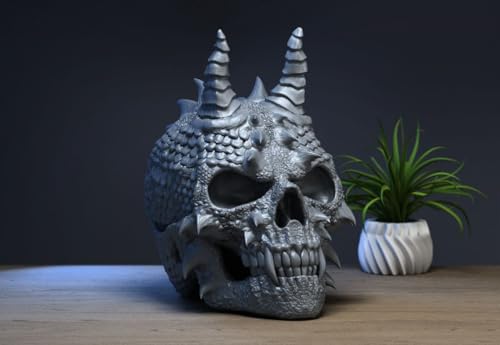 Image of Skull Headphone Stand Collection - 3D Printed Dragon, Cyborg & Scream Skull Headset Holders, Gothic & Fantasy Desk Accessories for Gaming and Office Setups, Durable PLA Display Stands (Matte Black, Dragon Skull Headphone Stand)