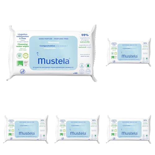 Mustela Toallitas para el Cambio de Pañal Compostables sin Perfume, 100% Fibras Lyocell de Origen Vegetal, Cuerpo y Maquillaje, Bebé y Toda la Familia - 99,7% Ingredientes de Origen Natural (60 uds.)