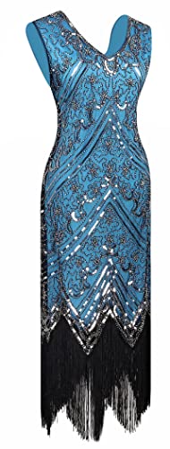 1920s Gatsby Sequin Fringed Paisley Flapper Dress with 20s Accessories Set (2XL, Style Flower Yellow Gold)