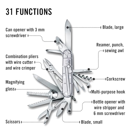 Image of Victorinox Swiss Champ Swiss Army Pocket Knife, 33 Functions, Silvertech | multitool Includes Pliers, Scissors, Wood Saw, Phillips Screwdriver, Chisel, Fish Scaler - 3.6 in Long