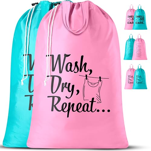 Handy Laundry Extra Large Travel Laundry Bags 2-Pack – Heavy Duty, Water-Resistant, Holds 4 Loads, Drawstring Closure, Fun Print for Camping, Dorms, Travel, Pink-Teal, 24 x 36 in