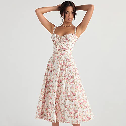 2023 New Women Floral Corset Midi Dress, Summer Boho Square Neck Sleeveless Flowy Slit Lace Up Print Fitted Bustier Sundress. #TOP1