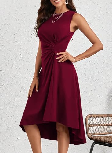 Image of Happy Sailed Women's Summer Dresses Sleeveless Ruched Waist A Line High Low Midi Cocktail Dress(Waist Tight,Please Size Up)