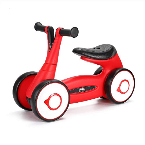 SOKA Baby Balance Bike, 4 Wheel Ride On Walker Push Bicycle without Pedals, First Training Tricycle for 18-36 month Old Boys Girls Kids and Toddlers - Red