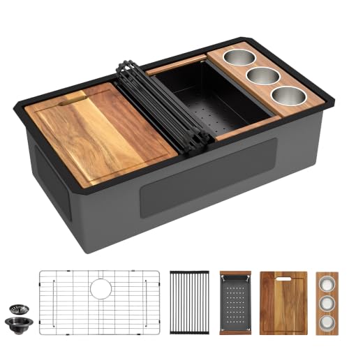 Image of 30 inch x 19 inch Undermount Matte Black Workstation Kitchen Sink | 16 Gauge T304 Stainless Steel Single Bowl Sink with Nano-PVD Finish, Integrated Ledge, R10 Rounded Corners, Under Counter