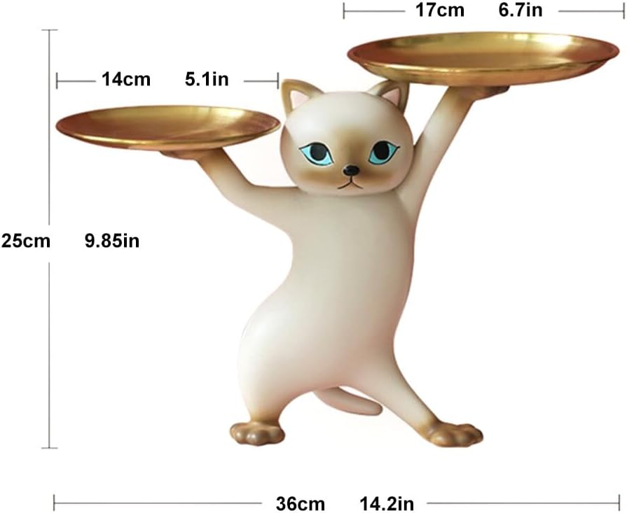 Resin Cartoon Cat Sculpture with Metal Tray Animal Statue Figurine Storage Tray Key Tray Sundries Candy Container Nut Tray Double Tray for Home Desk Decor Gift (Gray)