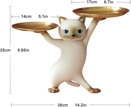 Miniatura 6 de Escultura de gato de dibujos animados de resina con bandeja de metal, estatua de animal, bandeja de almacenamiento para llaves, contenedor de