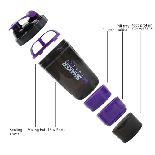 Image of Shaker Bottle,16oz Protein Shaker Bottles with Mixing Ball, 3 in 1 Leak-proof GYM Shake Cup with Powder Storage & Pill Tray, Ideal for Workout,BPA Free(Purple