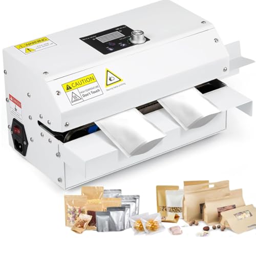 Sellador automático de bolsas con rueda de impresión, sellado térmico continuo de 6 m/min para bolsas comerciales de plástico, papel de aluminio y papel kraft