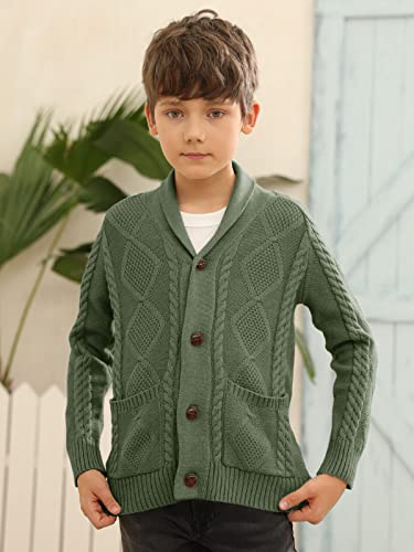 Inorin Boy's Sweater Cardigan Button Down Shawl Collar Cable Knitted Outwear Sweater Coats With Pockets Army Green #TOP4
