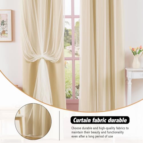 Image of Anytime Double Layer Blackout Curtains 2 Panels,35Wx63L,Cream | Sheer And Fabric Window Drapes Grommet Top Solid Color Bedroom Living Room Home Decor
