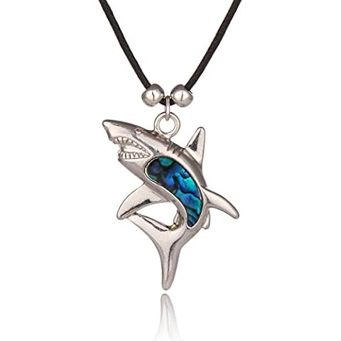 Barch Young Blue Abalone Paua Shell Shark Necklace for Women Silver Jewelry Mood on Wax Cord/Stainless Steel Chain(Shark 2#) Cover