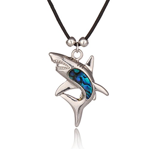 Blue Abalone Paua Shell Shark Pendant Necklace for Women and Girls on Black Cord/Stainless Chain Movie Necklace - Main Image