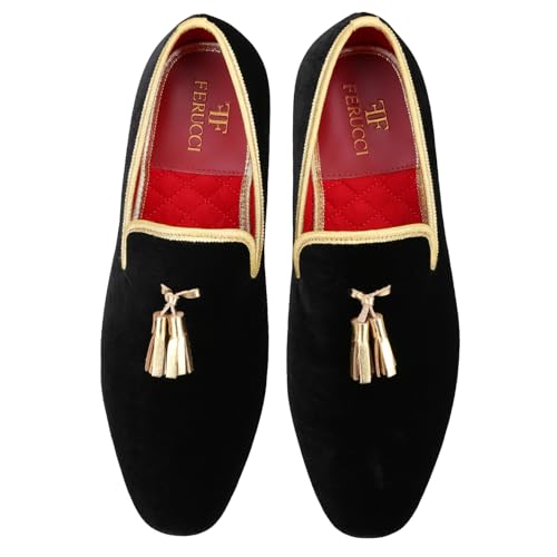 FERUCCI Men Black Velvet Square Toe Gold Tassel Slippers Loafers Flats Prom Wedding4