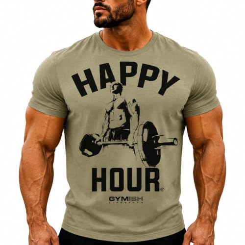 Happy Hour T-Shirt for Men Workout Weightlifting Funny Gym Tshirt (Medium, 004. Happy Hour Workout T-Shirt Military Green)