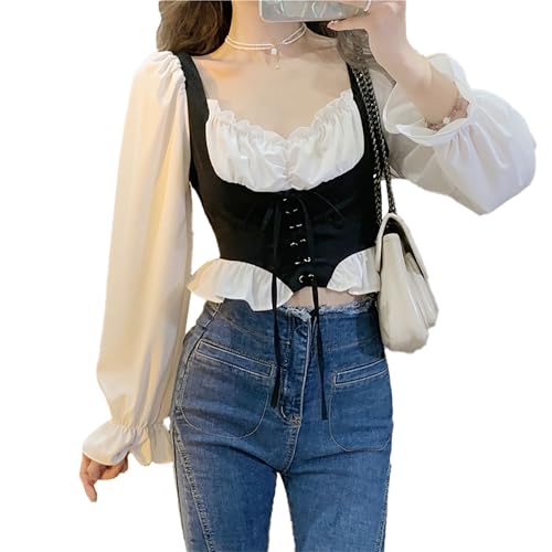 Image of ICW Women French Style Retro Vintage Lace-Up Layered Fake Two-Piece Puff Sleeve Ruffled Crop Blouse Corset Top Dn88