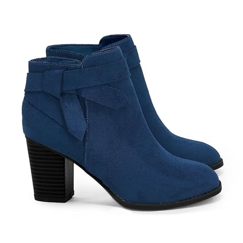 PiePieBuy Women's Tie Knot Chelsea Pump Ankle Boots Closed Toe Stacked Heel Booties Shoes,Navy, Size 8.5
