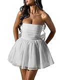 BAIMORE Women's Sexy Strapless Tube Mini Dress Backless Glitter Tulle Party A-line Dress White, Medium