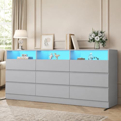 Image of Loomie 63 inch Wide 9 Drawer Dresser for Bedroom with LED Lights & Power Outlet