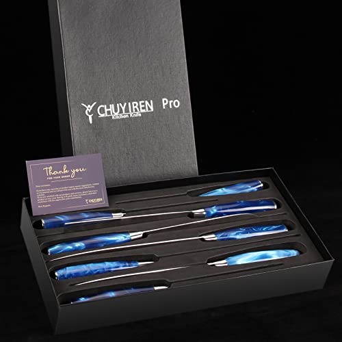 Kitchen Chef 8 Pcs, 3.5-8" Stainless Steel Damascus Japanese Boxed Knife Set With Ergonomic Blue Resin Handle, Professional Sharp Asian Knives Blue, Business Gift #TOP5