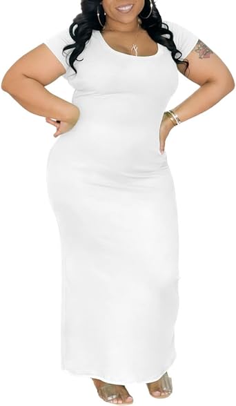 Mrskoala Women Plus Size Bodycon Maxi Dress Stretchy Knit Curve Hugging Short Sleeve Long Dresses