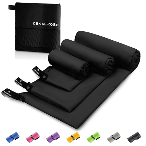 Zenacross Asciugamano Palestra (Set di 3) con Borsa per il Trasporto - Asciugamano Microfibra a Rapida Asciugatura e Versatile - Telo Palestra Taglie S, M, L - Nero