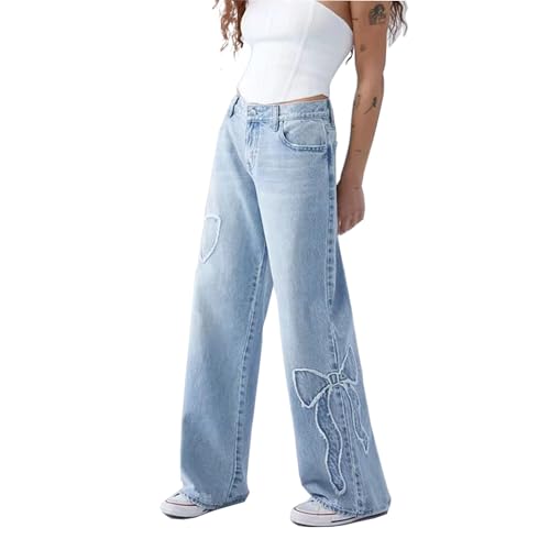 Womens Jeans Bowknot High Waisted Denim Pants Straight Leg Y2K Casual Baggy Trousers