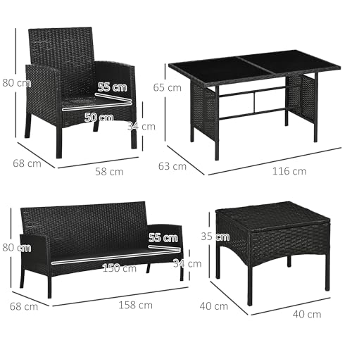 Outsunny 5 Seater Rattan Garden Furniture Set, 6 Piece Garden Sofa Set, Armchairs, 3-Seater Sofa, Footstools, Glass Dining Table, Cushions, Wicker Outdoor Furniture for Conservatory Patio, Cream 7 Outsunny 5 Seater Rattan Garden Furniture Set, 6 Piece Garden Sofa Set, Armchairs, 3-Seater Sofa, Footstools, Glass Dining Table, Cushions, Wicker Outdoor Furniture for Conservatory Patio, Cream - Image 7