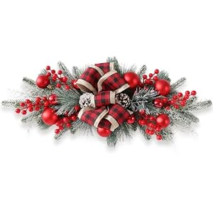 24″ Artificial Christmas Swag for Front Door Decorative Xmas Swags with Red Berries Pine Cones Bow Festive Decorations for Mantle Wall Indoor Outdoor Holiday Home Decor (Red 1 PCS)