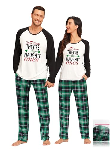 YOPUGEE Christmas Pajamas for Couples Long Sleeve Christmas Plaid Pjs Xmas Sleepwear, White & Green...
