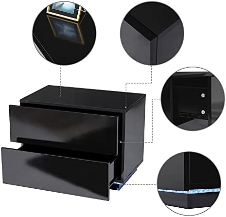 Meerveil Bedside Table, LED Bedside Cabinet with 2 Drawers High Gloss with USB Light 60x39x45cm for Bedroom Living Room, Black