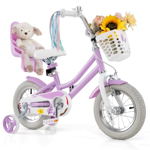 BABY JOY Girls Bike, 12 Inches Kids Bicycle w/Basket, Doll Seat, Colorful Streamers, Training Wheels, Reflectors, Handbrake & Coaster Brake, Kids Bike for Children 3-4 Years Old (Purple)