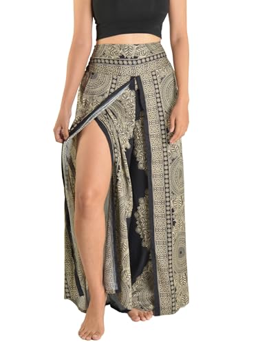 Orient Trail Calça feminina Palazzo com fenda e perna larga, casual, boho, hippie, boêmia, pilates,