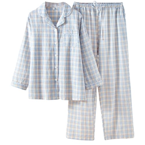 STMAHER Women's 2 Piece Cotton Pajama Sets Long Sleeve Sleepwear Button Down Soft Lightweight Pj Pants Set With Pockets Blue 2M