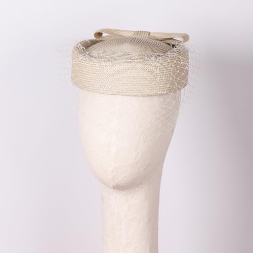 F FADVES Straw Fascinator Vintage Hat Bow Veil Pillbox for Wedding Tea Party 20s 50s Headwear Champagne by F FADVES - Image 5