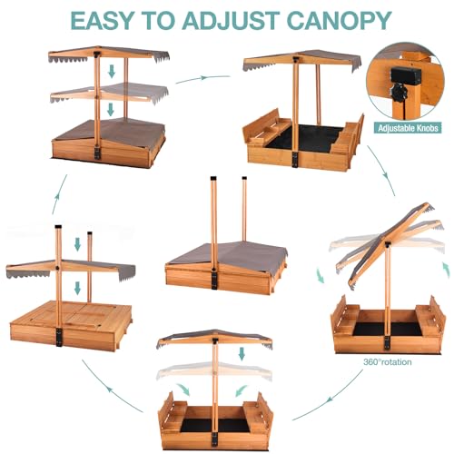 Sandbox with Cover,Kids Wooden Sand Box with Covers Foldable Beench Seats,Sand Boxes for Backyard Garden, Beach Patio Outdoor