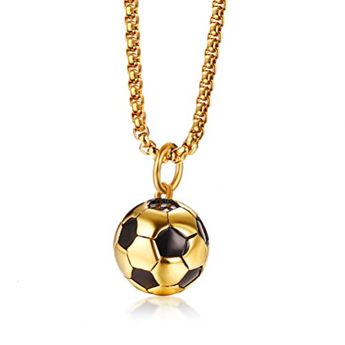 Cupimatch Men's 3D Football Pendant Necklace Chain, Stainless Steel Sports Soccer Ball Charm Necklace Jewelry 24" Link,Gold #TOP4