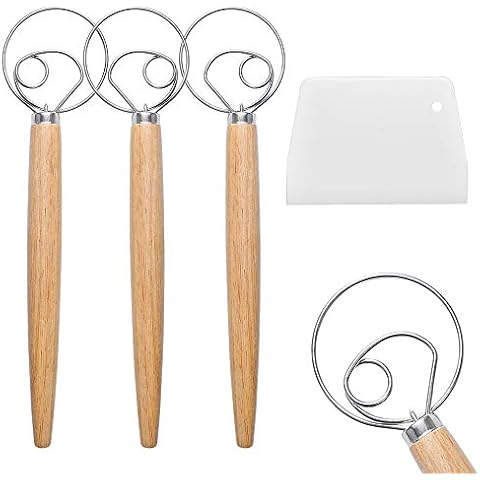 3 Pieces Danish Dough Whisk Large, Bread Mixer Blender, Stainless Steel Hook Dutch Whisk with a Dough Scraper for Bread Pastry Dessert Pizza, Manual Bread Making Tools for Cooking Kitchen, As a Gift Cover