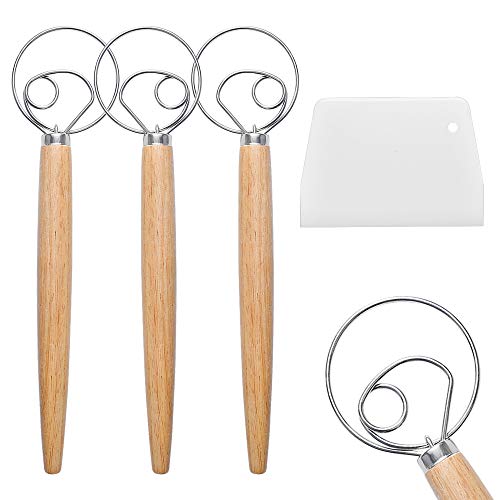 Milkary - 3 Pieces Danish Dough Whisk Large, Bread Mixer Blender, Stainless Steel Hook Dutch Whisk with a Dough Scraper for Bread Pastry Dessert Pizza, Manual Bread Making Tools for Cooking Kitchen, As a Gift