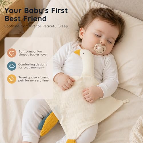 Image of 2-Pack White Goose & Pink Bunny Organic Cotton Muslin Lovey Blanket | Soft Muslin Comfort, Easy Grip Design, Teething Comfort, Self-Soothing Support