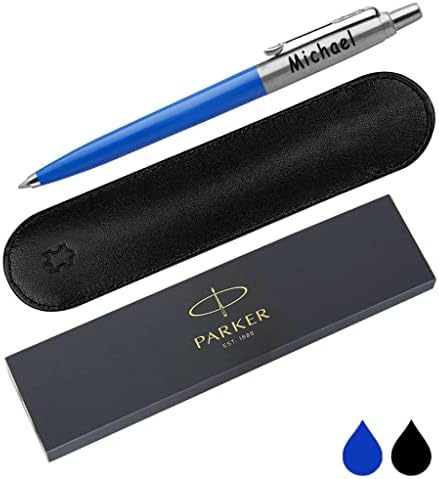 Personalised Engraved Parker Jotter Ballpoint Pen with Genuine Leather Pouch in 15 Colours - Choice of Blue or Black Ink, Parker Ballpoint Pen Gift, Personalised Parker Pen Jotter, Gifts For Teachers