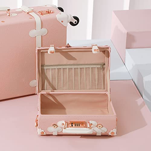 Unitravel 12inch Vintage Carry on Suitcase PU Leather Train Case with Combination Lock for Women (Embossed Pink) - Image 4