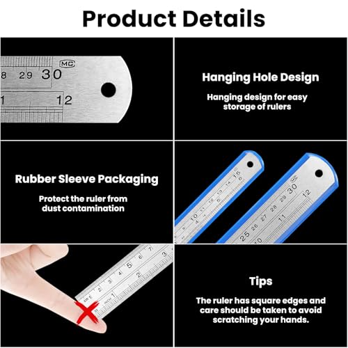elzle Edelstahl Lineal Set, 2 Stück 30cm / 12 Zoll + 15 cm / 6 Zoll Metall Lineal Kit Heavy Duty Straight Edge für Schule Büro Home Messung