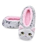 Panda Bros Womens Cozy&Warm Animal Slipper Socks with Grippers-House Socks(Gray Cat, 5-7.5)